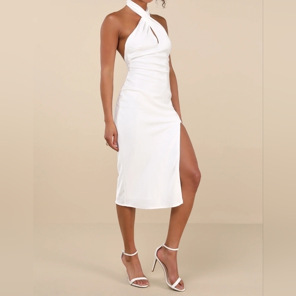 Lulus Beyond Classy White Satin Halter Midi Dress, Size MED, NWOT